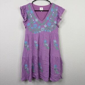 J. Marie Dress Womens XS Purple Embroidered Floral Tiered Boho Fairy Whimsical‎